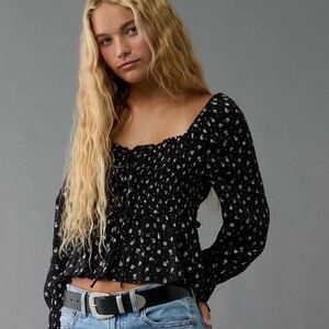 American Eagle Scalloped Sweetheart Floral Black Top